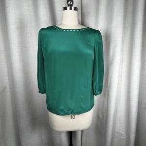 NEW! J.Crew Women's 8 Petite Green Scalloped Cutout Neck Silk Top Blouse Shirt